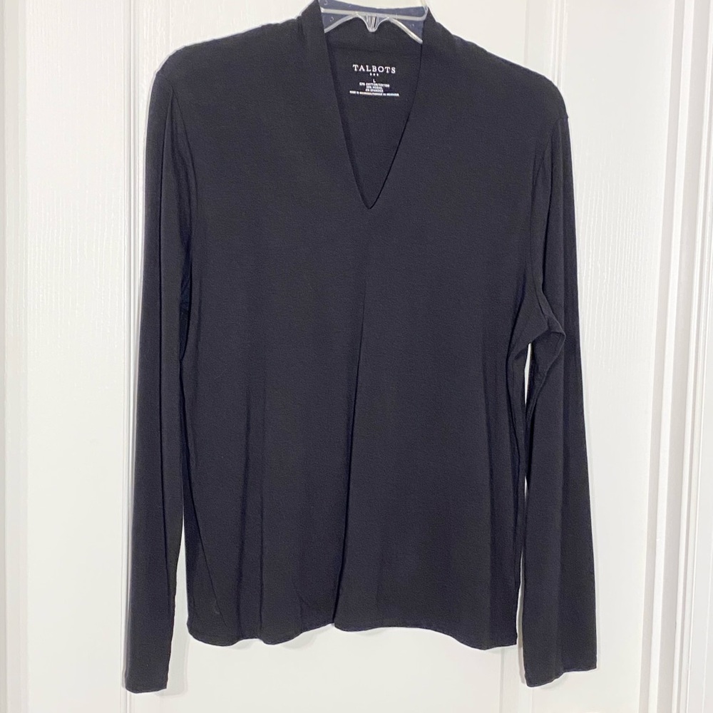 Talbots Modal Blend V Neck Long Sleeve Knit Top Black Large